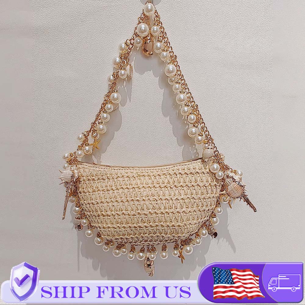 Women'S Bags Holiday - Tas Anyaman Jerami Kerang Mutiara Buatan